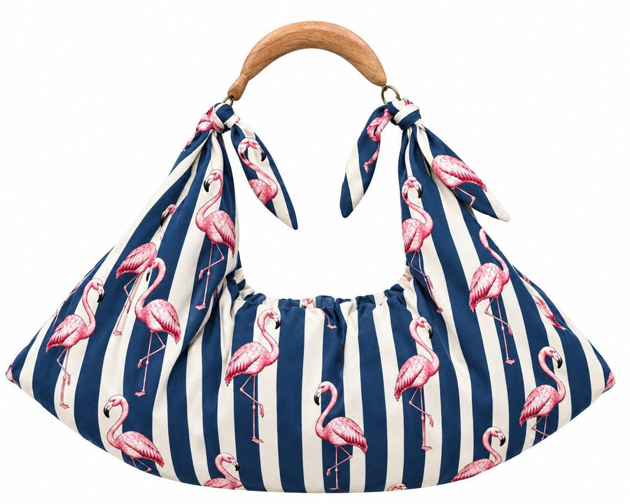Blue White Flamingo Tote Bag, Tropical Striped Beach Shoulder Bag (Large)