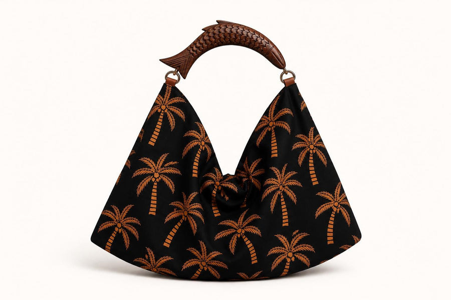 Black Palm Tree Hobo Bag, Wooden Fish Handle, Tropical Boho Shoulder Purse