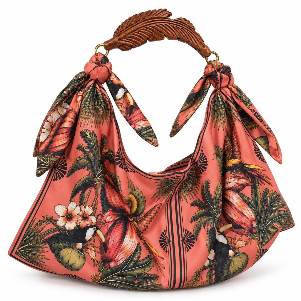 Hand-Carved Wooden Handle Hobo Bag, Tropical Parrot Palm Print Tote