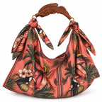 Hand-Carved Wooden Handle Hobo Bag, Tropical Parrot Palm Print Tote