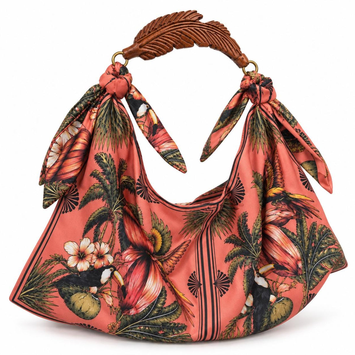 Hand-Carved Wooden Handle Hobo Bag, Tropical Parrot Palm Print Tote
