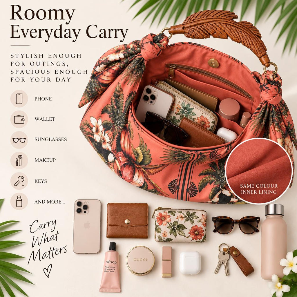 Hand-Carved Wooden Handle Hobo Bag, Tropical Parrot Palm Print Tote