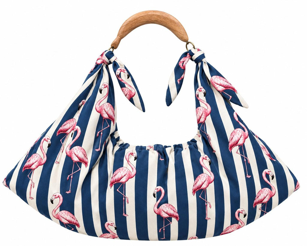 Blue White Flamingo Tote Bag, Tropical Striped Beach Shoulder Bag (Large)