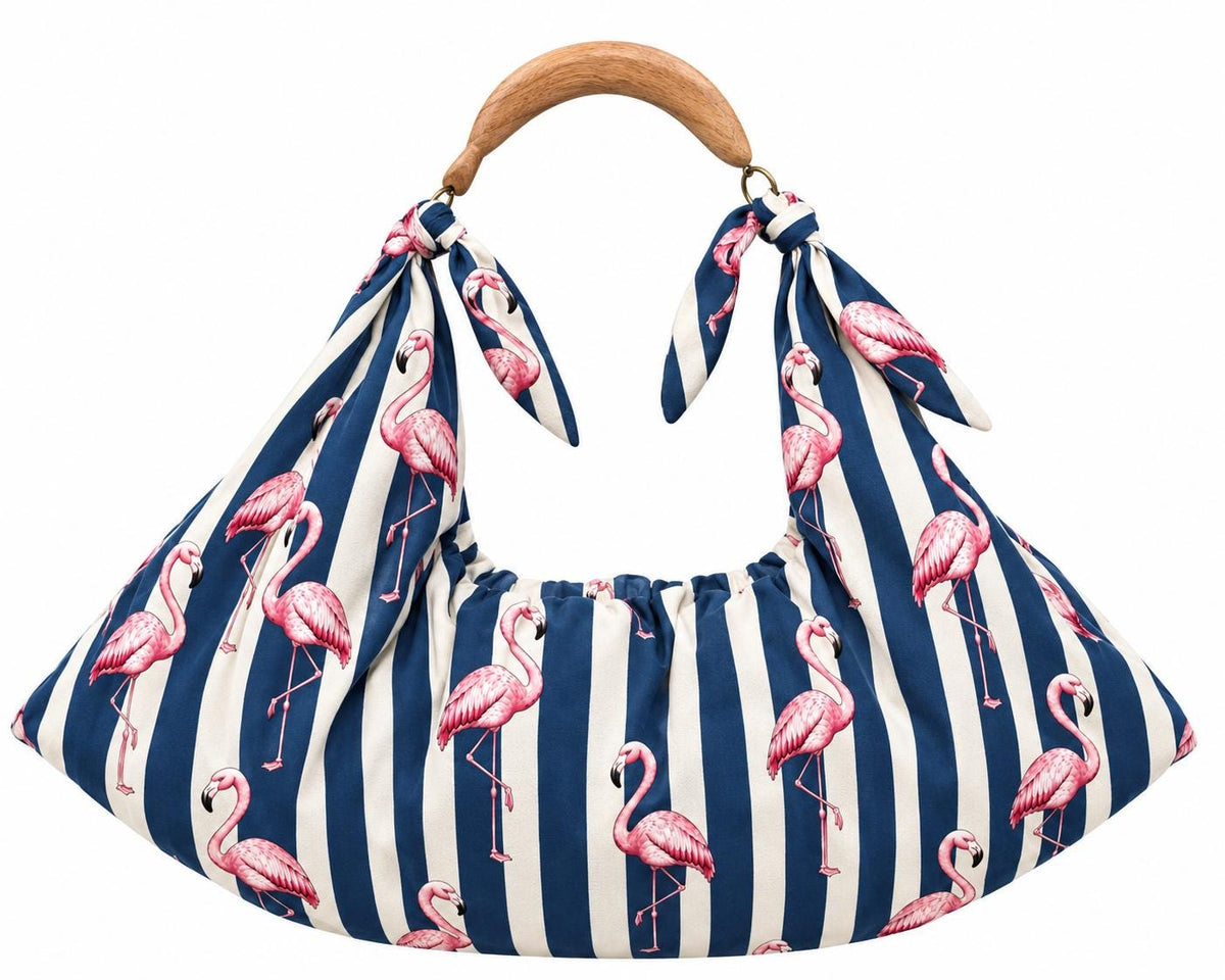 Blue White Flamingo Tote Bag, Tropical Striped Beach Shoulder Bag (Large)