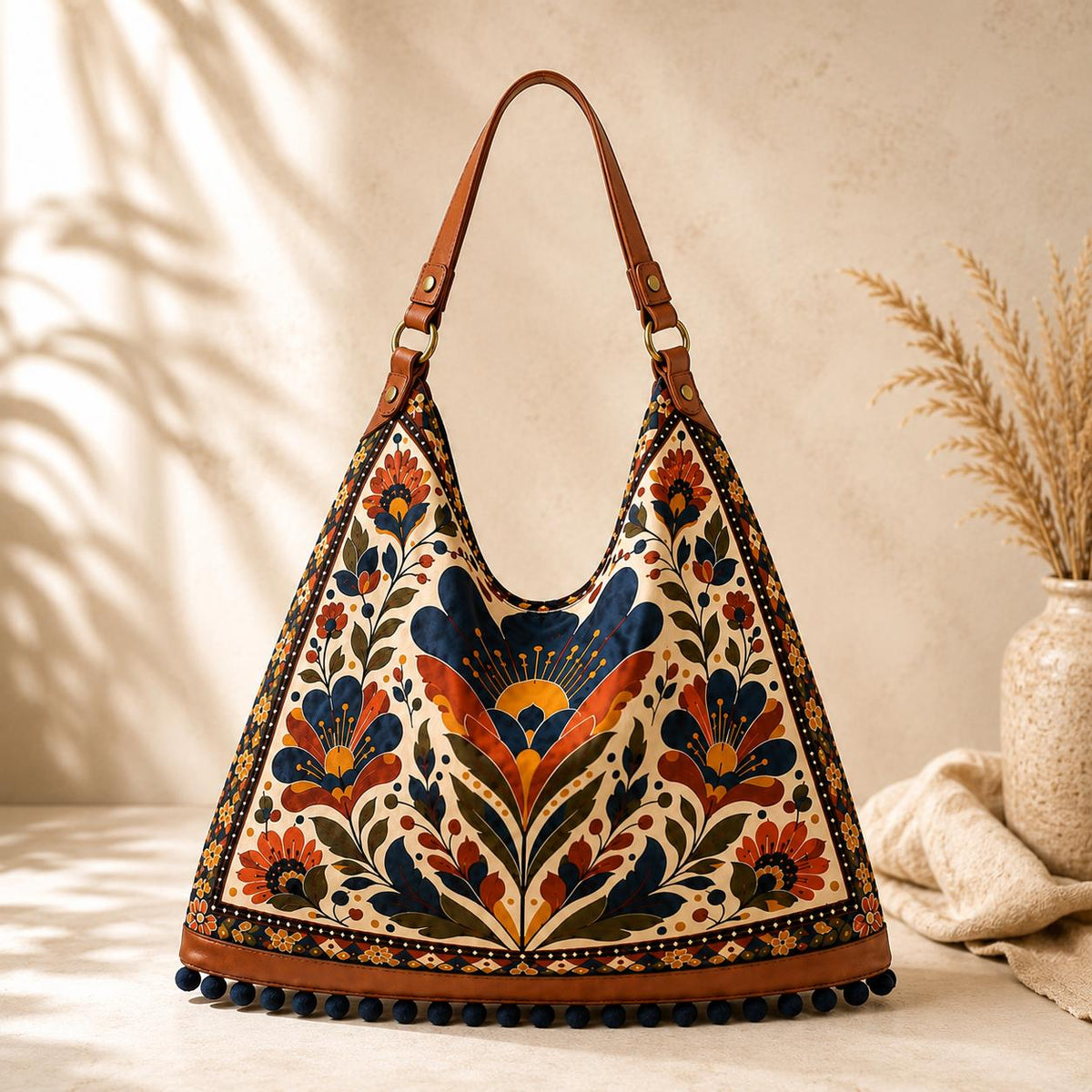 Boho Floral Hobo Bag, Handmade Tote with Genuine Leather Strap, Pom-Pom Trim