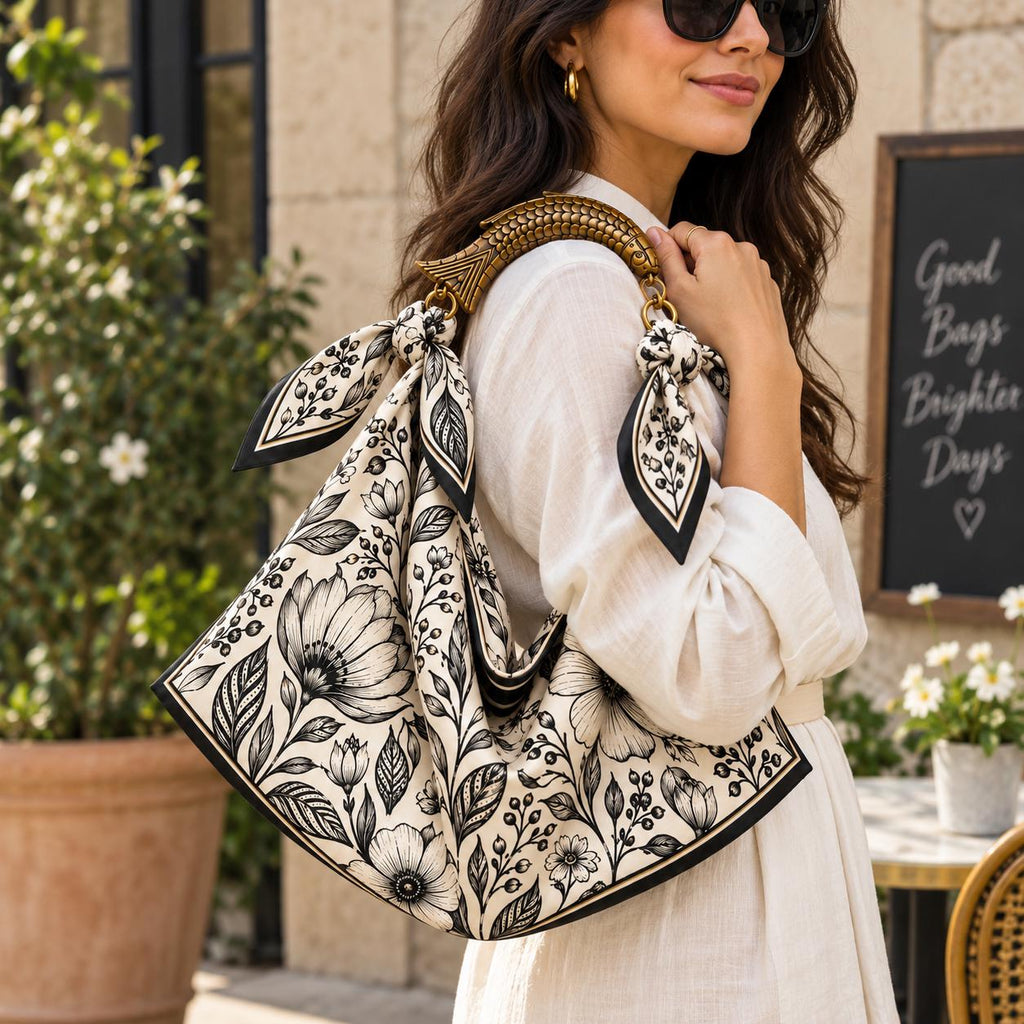 Scarf Tote Bag,  Silk Purse, Handcrafted Mango Wood Fish Handle,Black & White  Resort Bag
