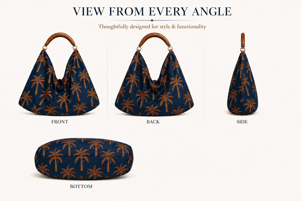 Navy Palm Tree Hobo Bag, Mango Wood Handle, Tropical Scarf Purse