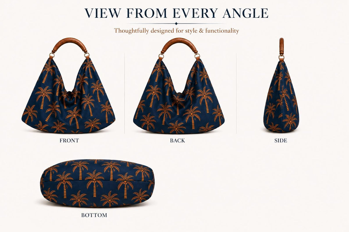 Navy Palm Tree Hobo Bag, Mango Wood Handle, Tropical Scarf Purse