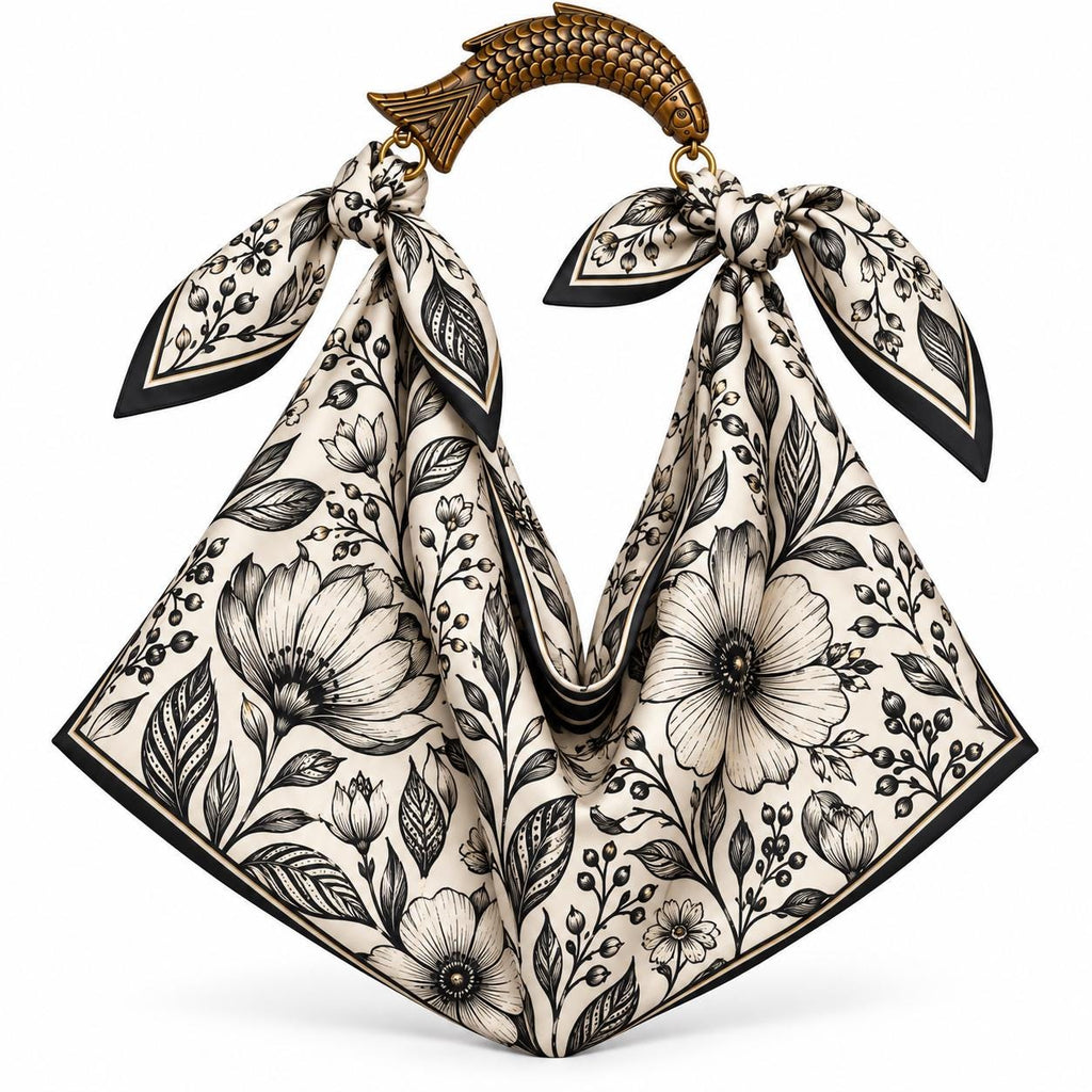 Scarf Tote Bag,  Silk Purse, Handcrafted Mango Wood Fish Handle,Black & White  Resort Bag