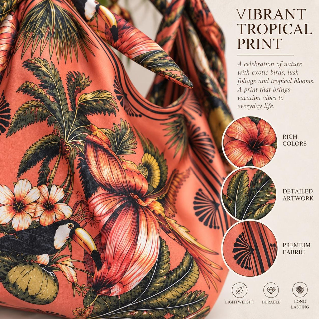 Hand-Carved Wooden Handle Hobo Bag, Tropical Parrot Palm Print Tote