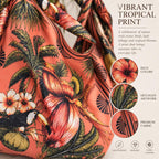 Hand-Carved Wooden Handle Hobo Bag, Tropical Parrot Palm Print Tote