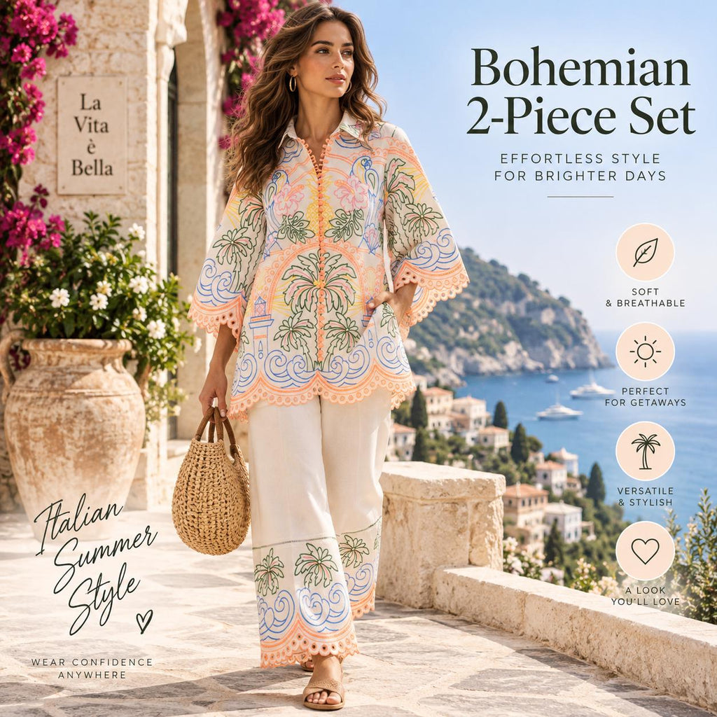 Women’s Boho Co Ord Set, Printed Shirt and Wide Leg Pants, 2 Piece Outfit, Vacation Outfit, Resort Wear, Matching Set, Summer Style