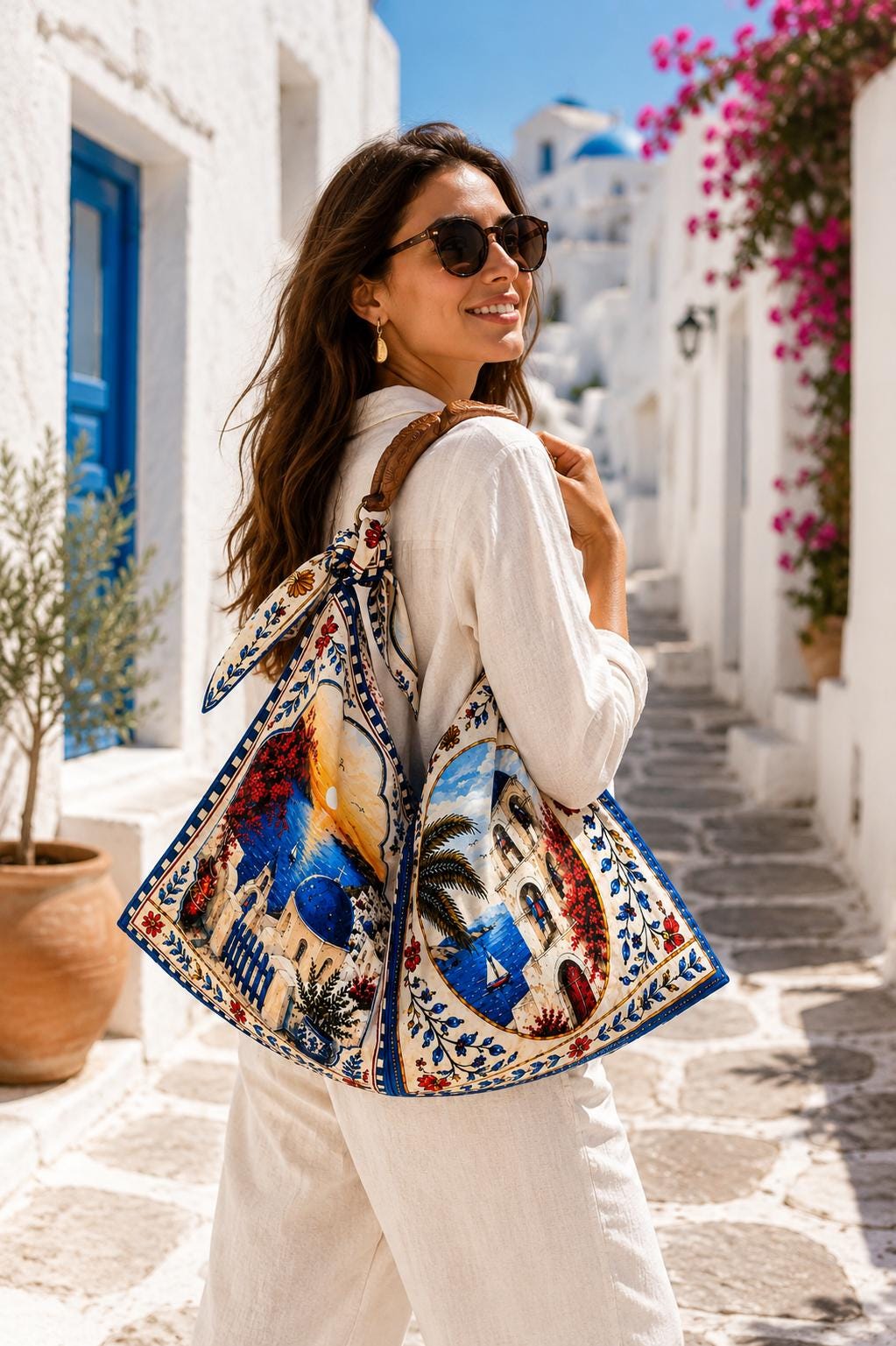 Santorini Scarf Tote Bag, Hand-Carved Wooden Handle, Greek Island Print Handbag