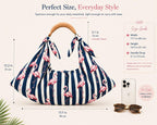 Blue White Flamingo Tote Bag, Tropical Striped Beach Shoulder Bag (Large)