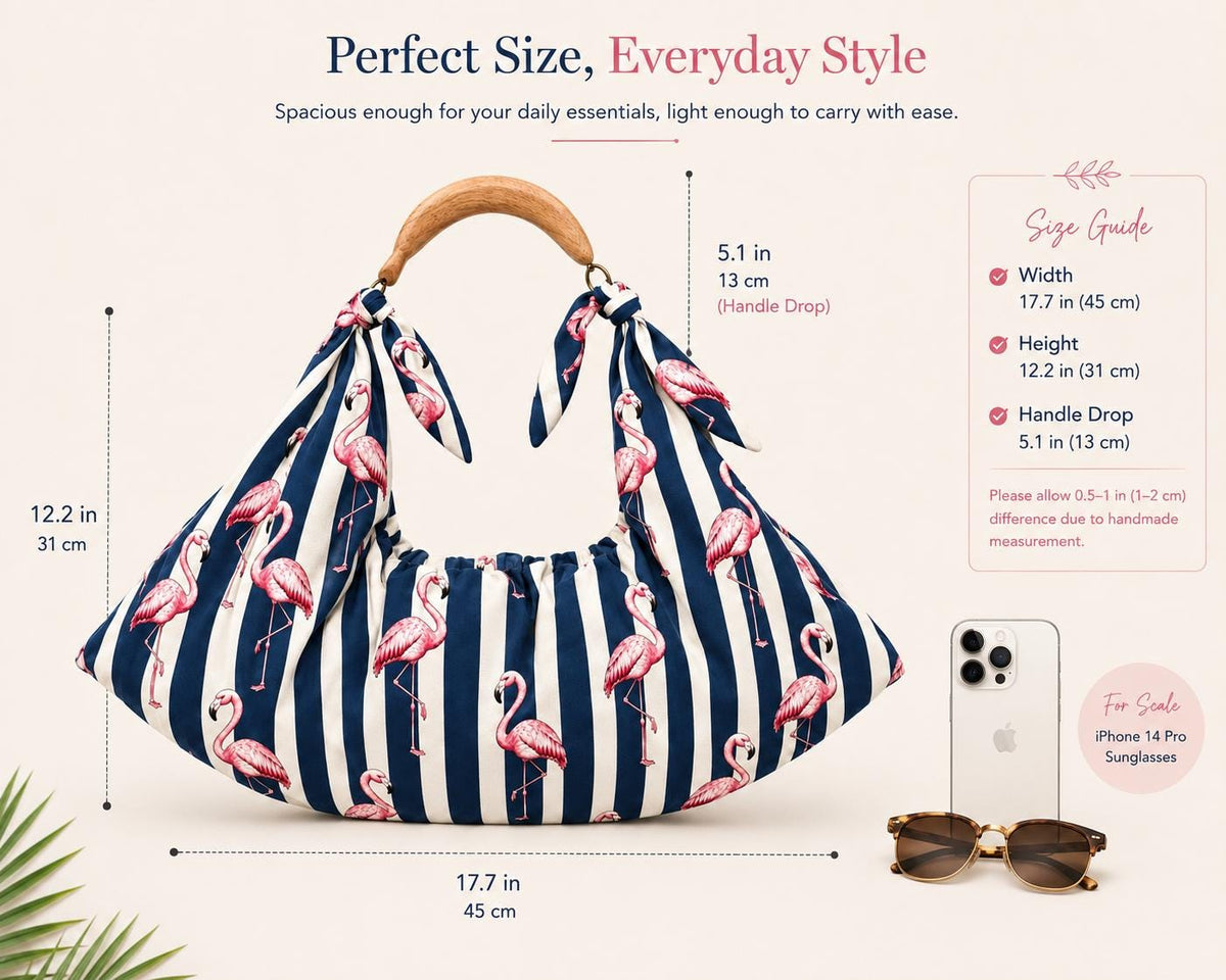 Blue White Flamingo Tote Bag, Tropical Striped Beach Shoulder Bag (Large)