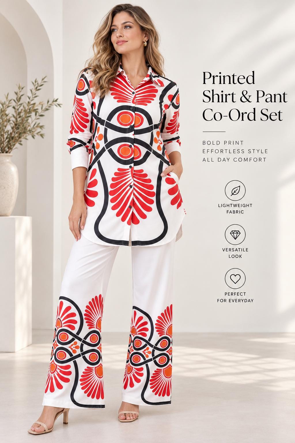 Women’s Boho Co Ord Set, Printed Shirt and Wide Leg Pants Set, Cotton Twill Blend 2 Piece Outfit, Vacation Brunch Outfit, Resort Wear