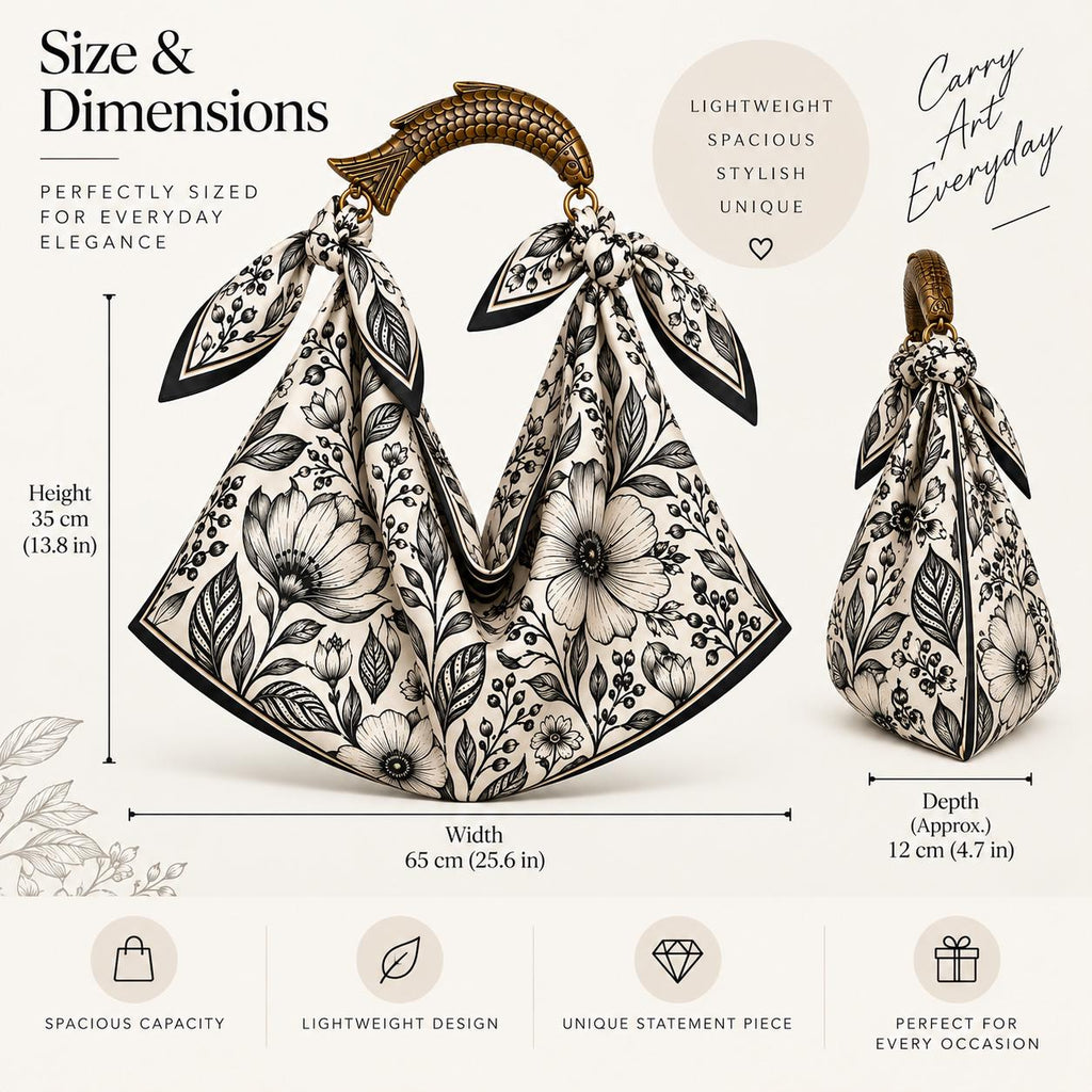 Scarf Tote Bag,  Silk Purse, Handcrafted Mango Wood Fish Handle,Black & White  Resort Bag