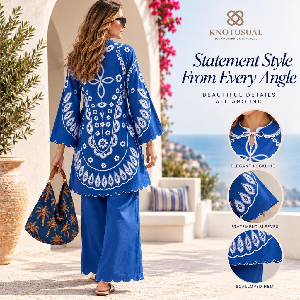 Women’s Blue Co Ord Set, Boho Printed Tunic & Wide Leg Pants, 2 Piece Outfit, Blue and White Matching Set, Resort Wear, Vacation Outfit