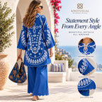 Women’s Blue Co Ord Set, Boho Printed Tunic & Wide Leg Pants, 2 Piece Outfit, Blue and White Matching Set, Resort Wear, Vacation Outfit