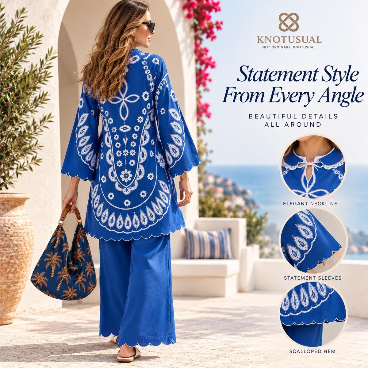 Women’s Blue Co Ord Set, Boho Printed Tunic & Wide Leg Pants, 2 Piece Outfit, Blue and White Matching Set, Resort Wear, Vacation Outfit