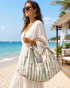 Flamingo Tote Bag, Sage Green Beach Bag with handmade wooden Handles, Tropical Summer Handbag