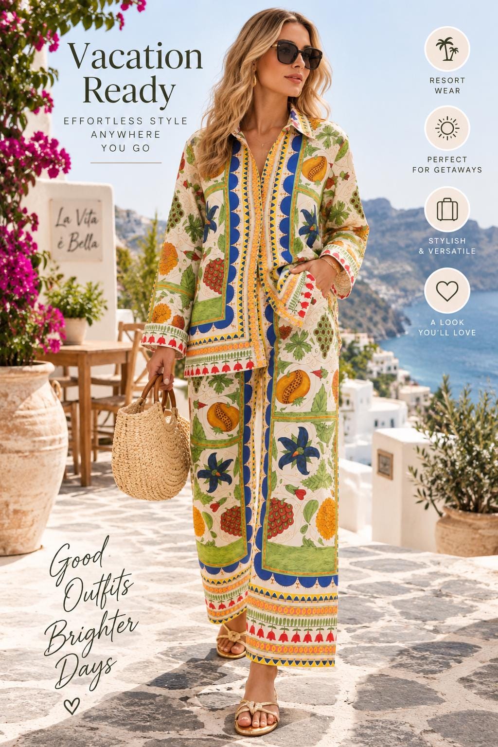 Women’s Boho Co Ord Set, Printed Shirt and Wide Leg Pants, 2 Piece Outfit, Vacation Outfit, Resort Wear, Matching Set, Summer Style