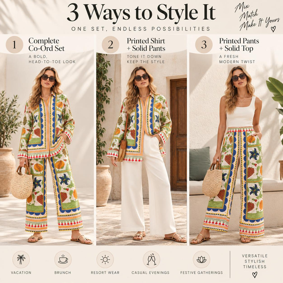 Women’s Boho Co Ord Set, Printed Shirt and Wide Leg Pants, 2 Piece Outfit, Vacation Outfit, Resort Wear, Matching Set, Summer Style