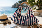 Blue White Flamingo Tote Bag, Tropical Striped Beach Shoulder Bag (Large)