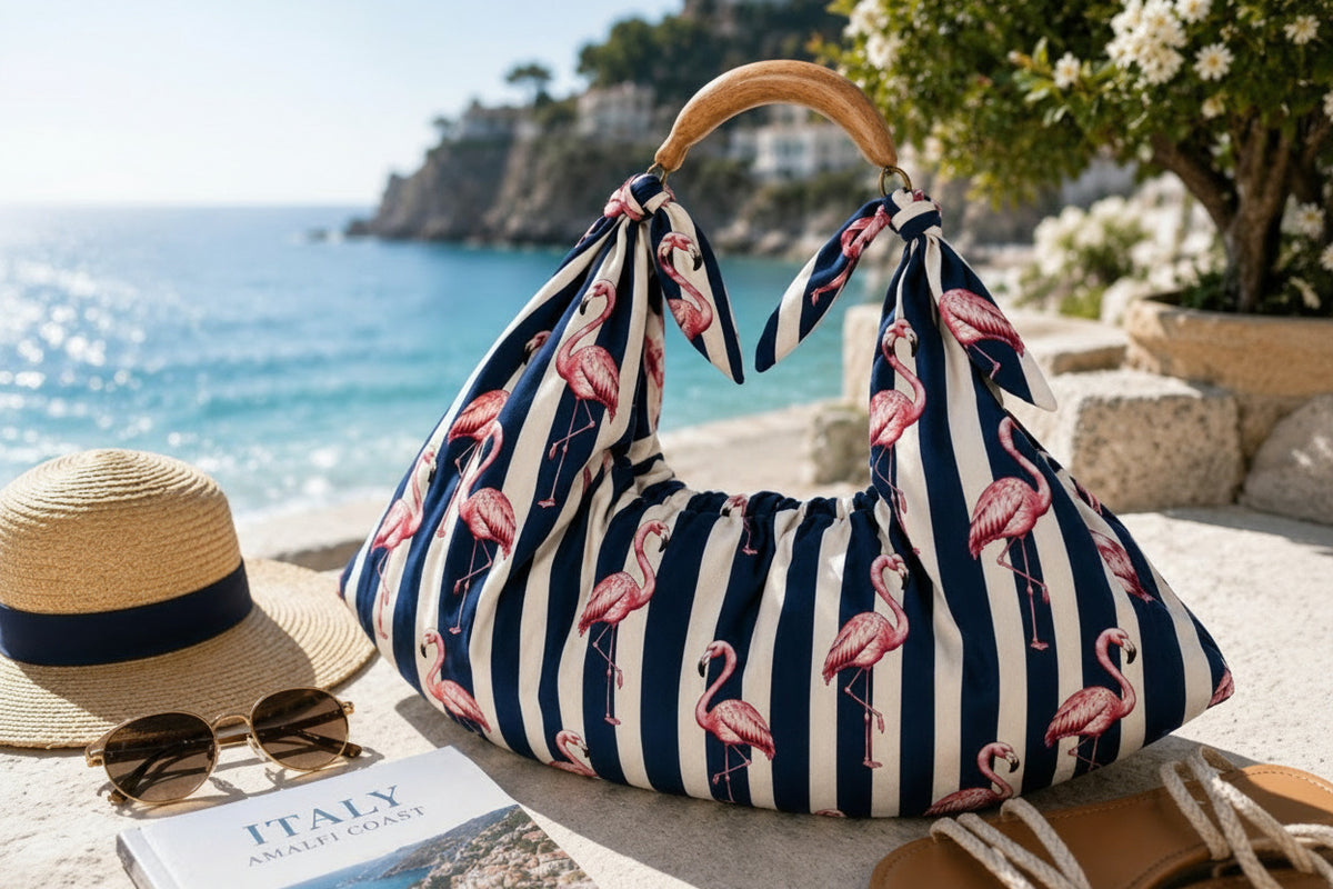 Blue White Flamingo Tote Bag, Tropical Striped Beach Shoulder Bag (Large)