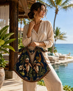 Hand-Carved Wooden Handle Hobo Bag, Tropical Parrot Palm Print Tote Royale Blue
