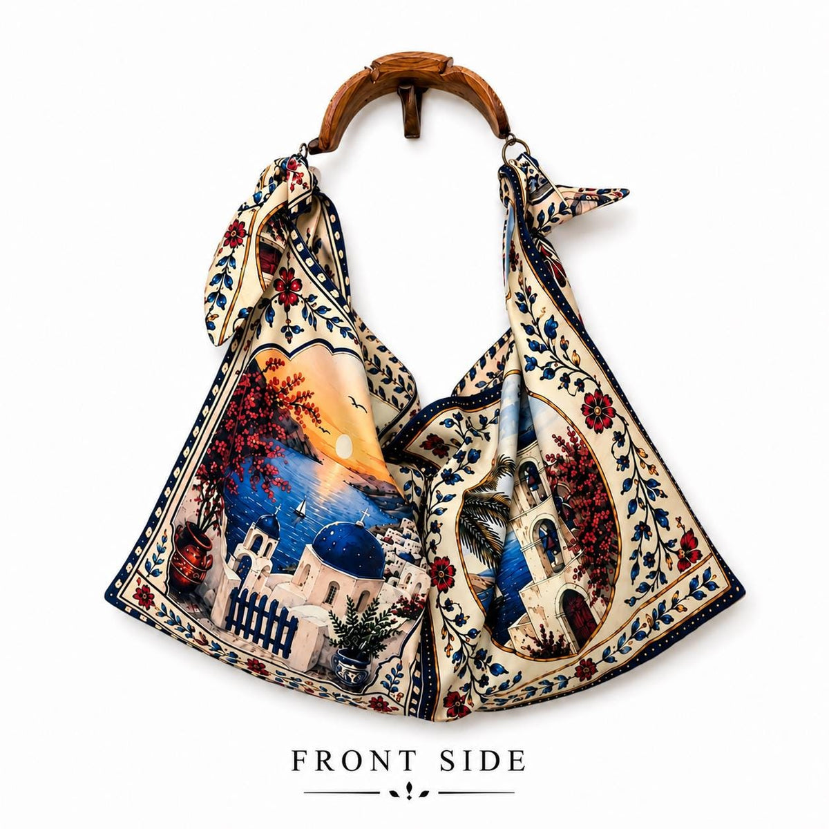 Santorini Scarf Tote Bag, Hand-Carved Wooden Handle, Greek Island Print Handbag