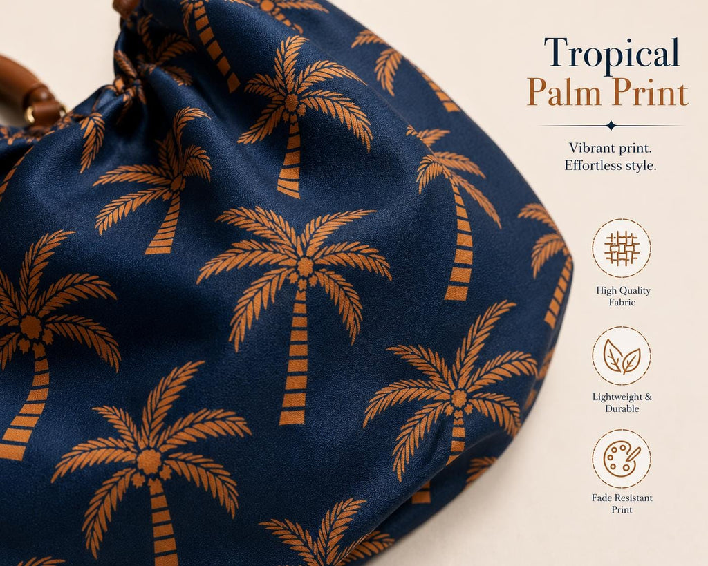 Navy Palm Tree Hobo Bag, Mango Wood Handle, Tropical Scarf Purse