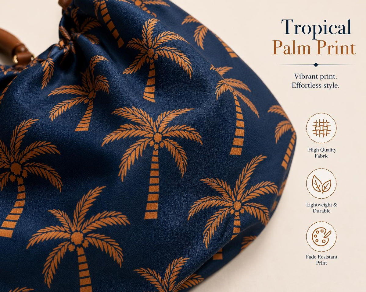 Navy Palm Tree Hobo Bag, Mango Wood Handle, Tropical Scarf Purse