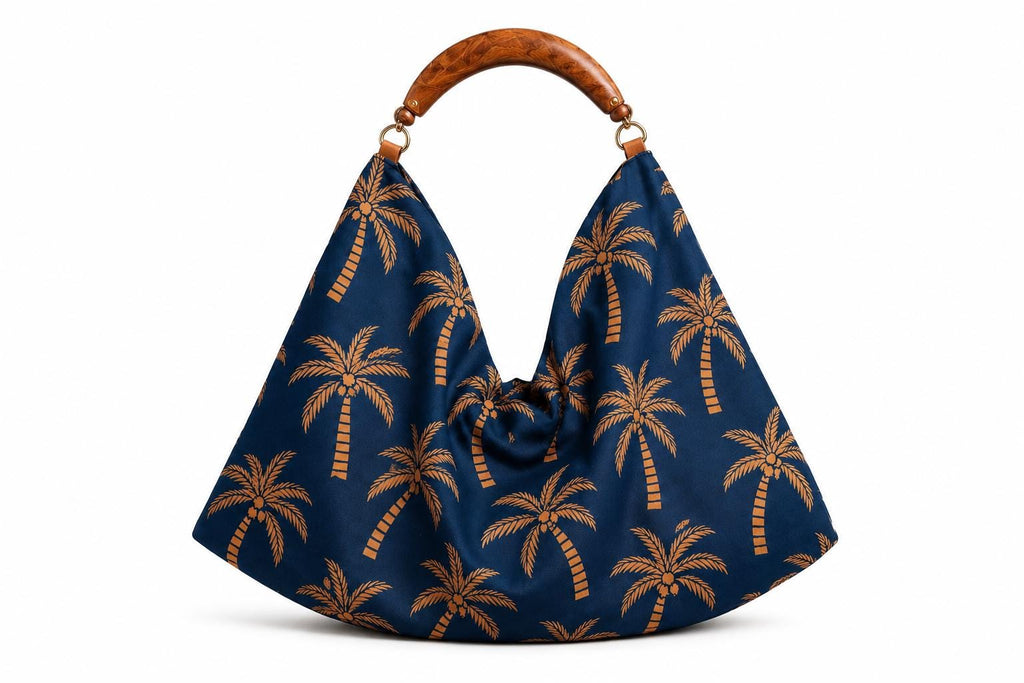 Navy Palm Tree Hobo Bag, Mango Wood Handle, Tropical Scarf Purse