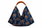 Navy Palm Tree Hobo Bag, Mango Wood Handle, Tropical Scarf Purse