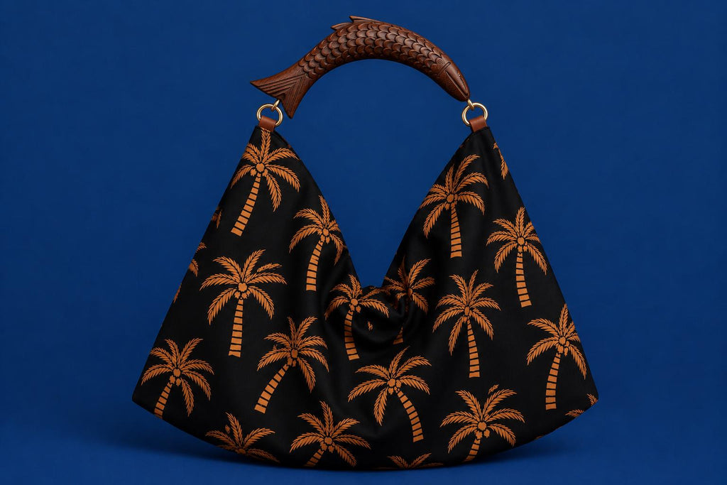 Black Palm Tree Hobo Bag, Wooden Fish Handle, Tropical Boho Shoulder Purse