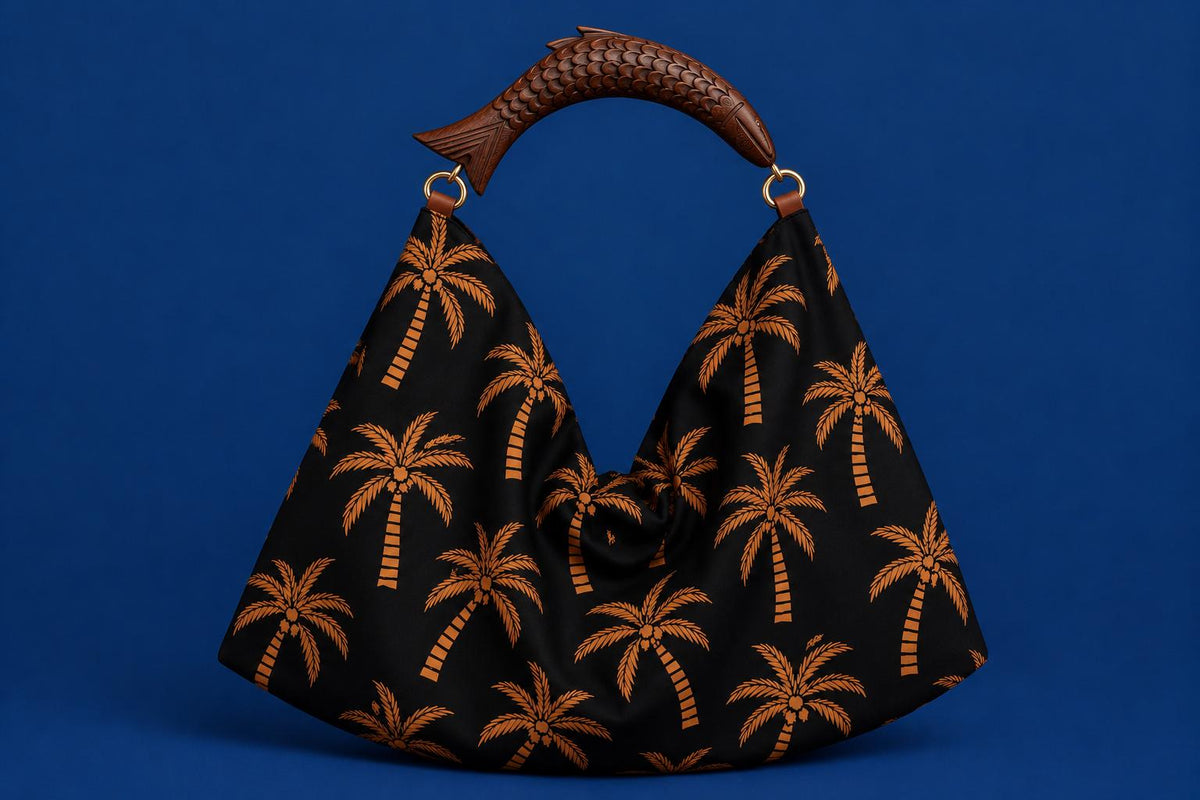 Black Palm Tree Hobo Bag, Wooden Fish Handle, Tropical Boho Shoulder Purse