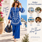 Women’s Blue Co Ord Set, Boho Printed Tunic & Wide Leg Pants, 2 Piece Outfit, Blue and White Matching Set, Resort Wear, Vacation Outfit
