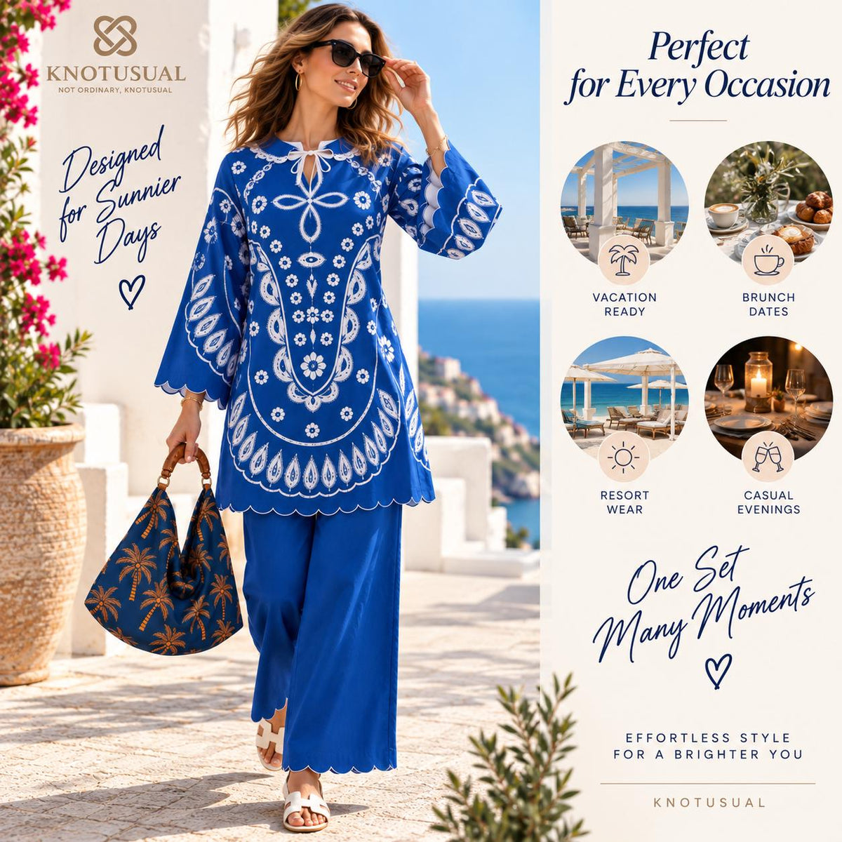 Women’s Blue Co Ord Set, Boho Printed Tunic & Wide Leg Pants, 2 Piece Outfit, Blue and White Matching Set, Resort Wear, Vacation Outfit