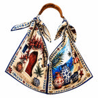 Santorini Scarf Tote Bag, Hand-Carved Wooden Handle, Greek Island Print Handbag