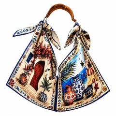Santorini Scarf Tote Bag, Hand-Carved Wooden Handle, Greek Island Print Handbag