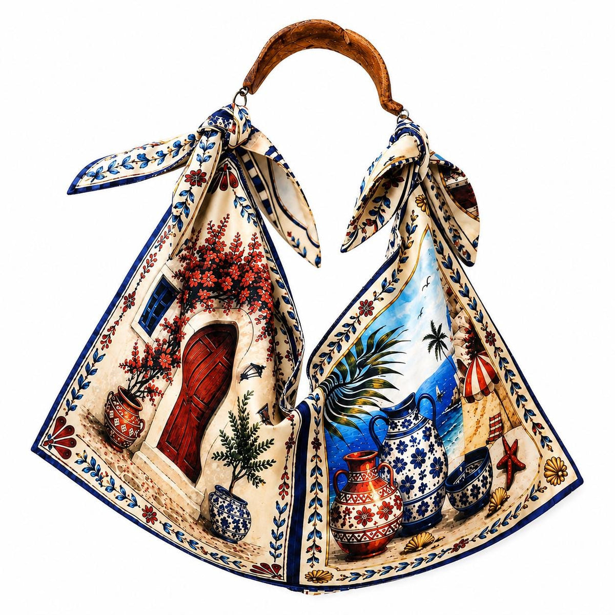 Santorini Scarf Tote Bag, Hand-Carved Wooden Handle, Greek Island Print Handbag