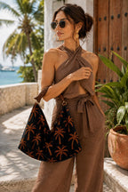 Black Palm Tree Hobo Bag, Wooden Fish Handle, Tropical Boho Shoulder Purse