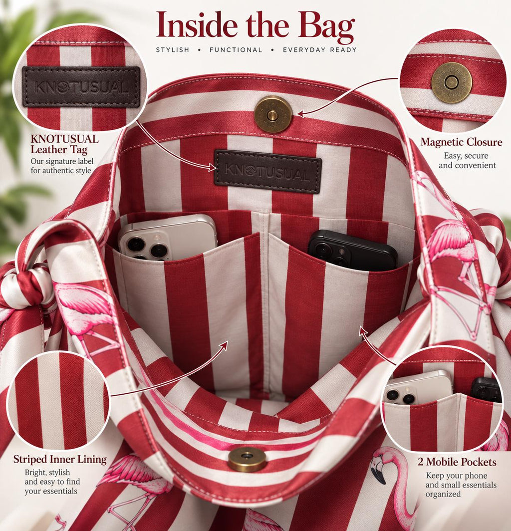Pink Flamingo Bamboo Handle Tote Bag, Red Striped Beach Purse, Resortwear Gift