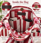 Pink Flamingo Bamboo Handle Tote Bag, Red Striped Beach Purse, Resortwear Gift