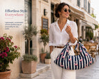 Blue White Flamingo Tote Bag, Tropical Striped Beach Shoulder Bag (Large)