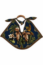 Hand-Carved Wooden Handle Hobo Bag, Tropical Parrot Palm Print Tote Royale Blue