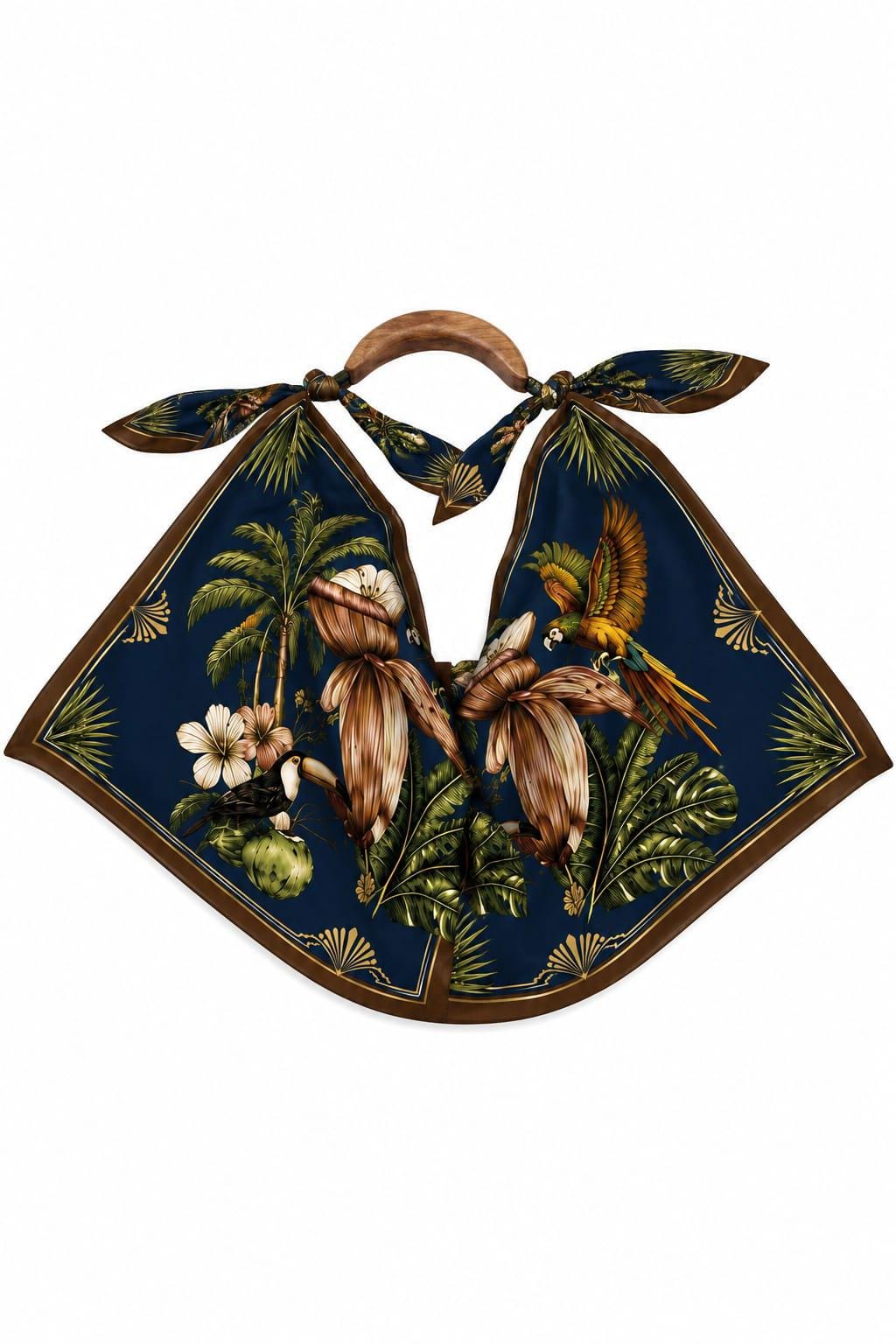 Hand-Carved Wooden Handle Hobo Bag, Tropical Parrot Palm Print Tote Royale Blue