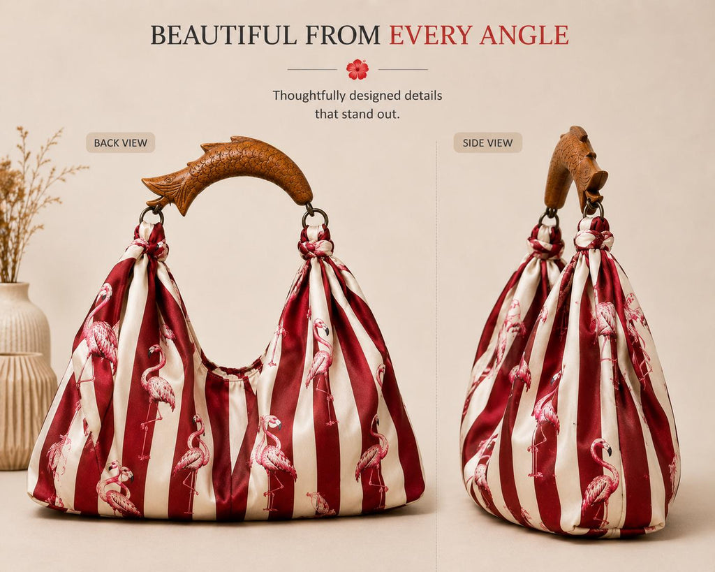 Pink Flamingo Bamboo Handle Tote Bag, Red Striped Beach Purse, Resortwear Gift