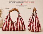 Pink Flamingo Bamboo Handle Tote Bag, Red Striped Beach Purse, Resortwear Gift